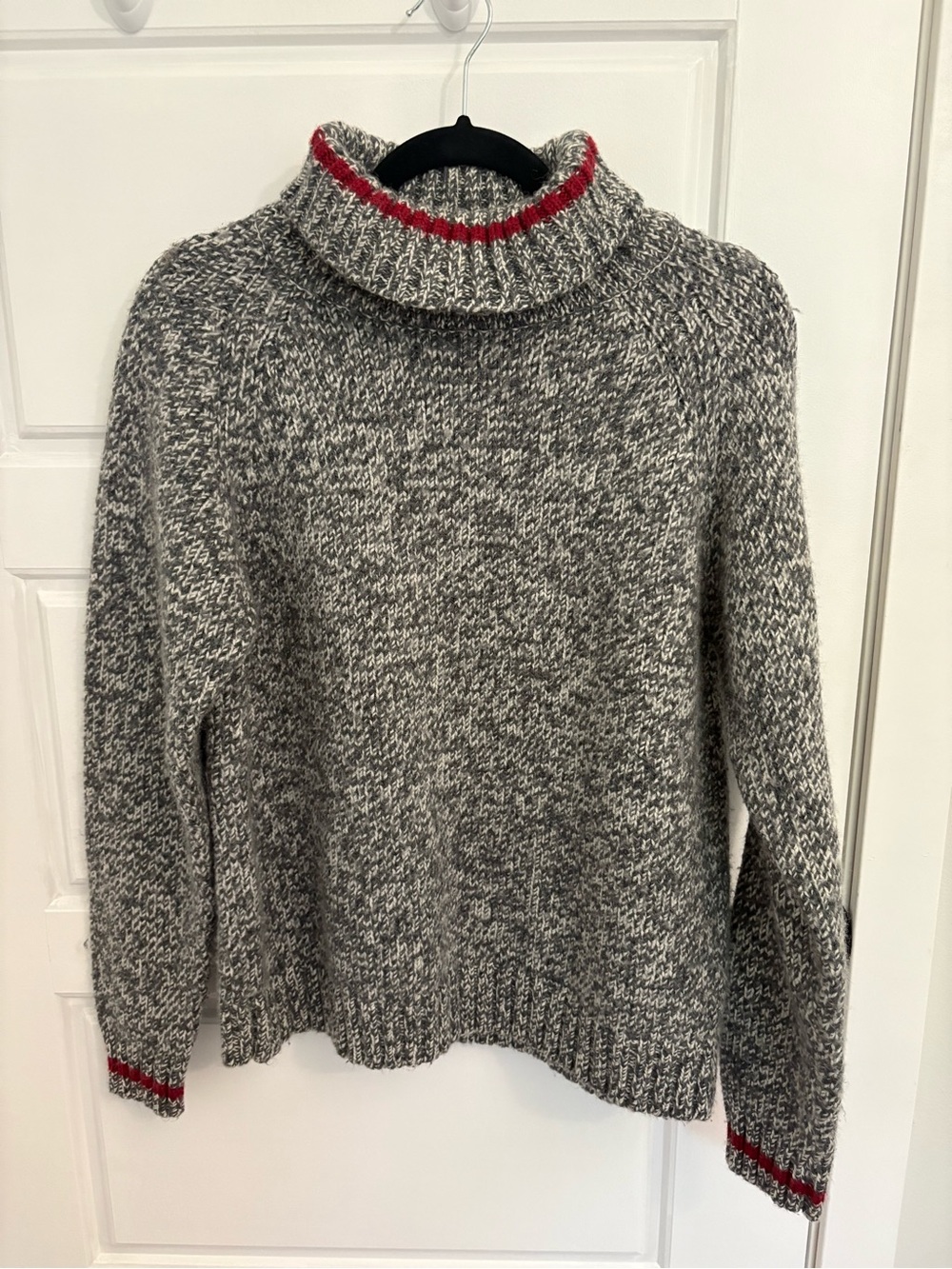 Grey Marled Turtleneck Sweater with Red Trim